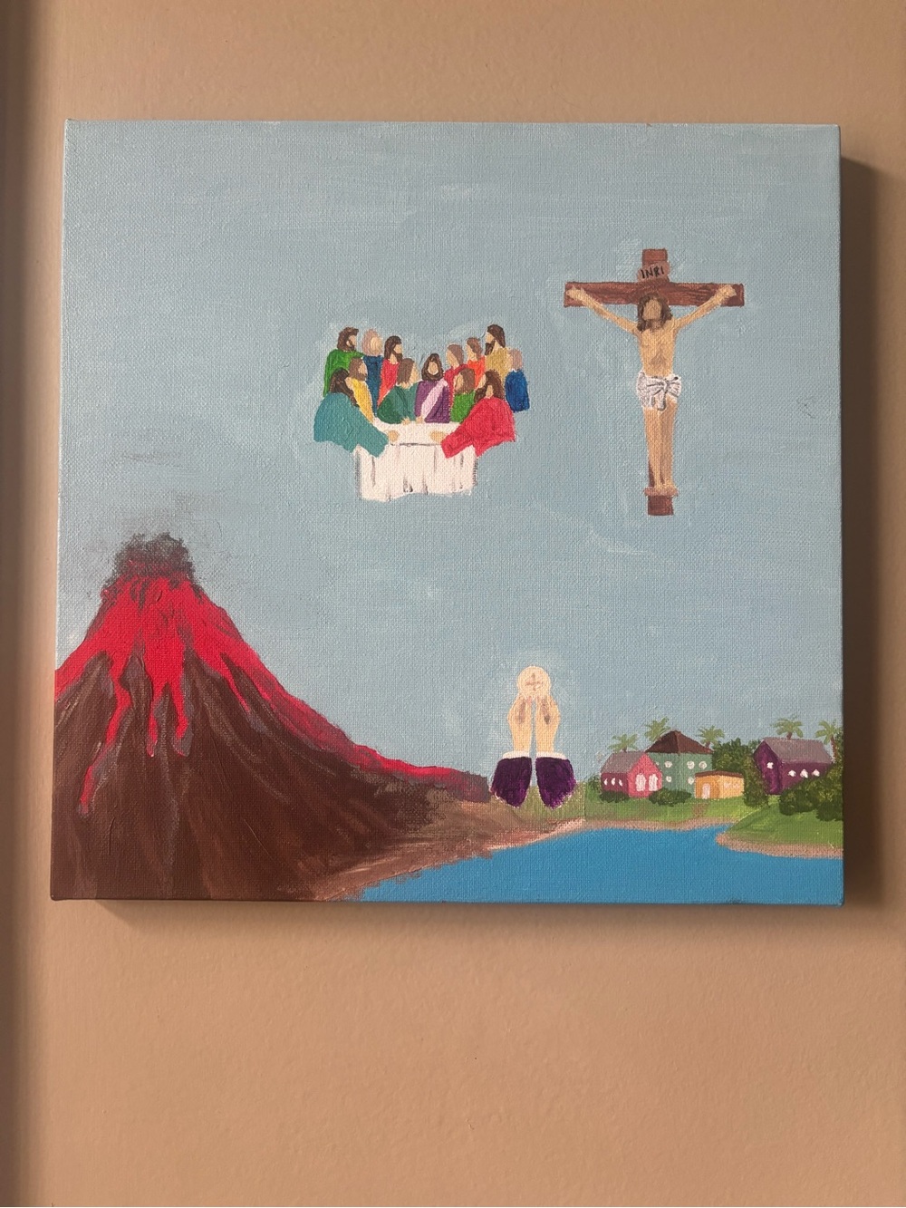 OOAK Jesus Christ Catholic Folk Art Painting Disciples Cross Communion Volcano